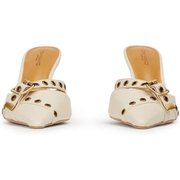 🆕 White Faux Leather Studded Kitten Heel Mules for Women Pointed Toe Stilettos - Picture 4 of 4